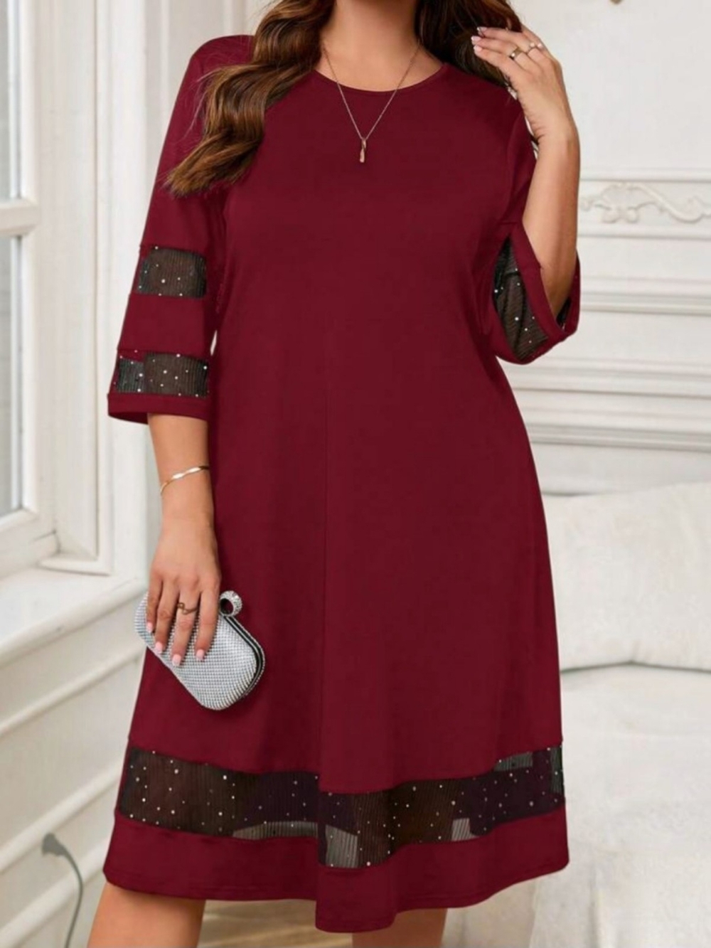 Cuteduck. Burgundy Mesh-Trim A-Line Women’s Dress. Size 2X. NWT.